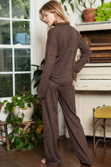 Brown Ribbed Henley Shirt and Wide Leg Pants Loungewear Set