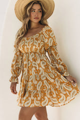 Yellow Boho Paisley Floral Print Long Sleeve Short Dress