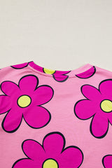 Pink Flower Print Round Neck Cap Sleeve T Shirt