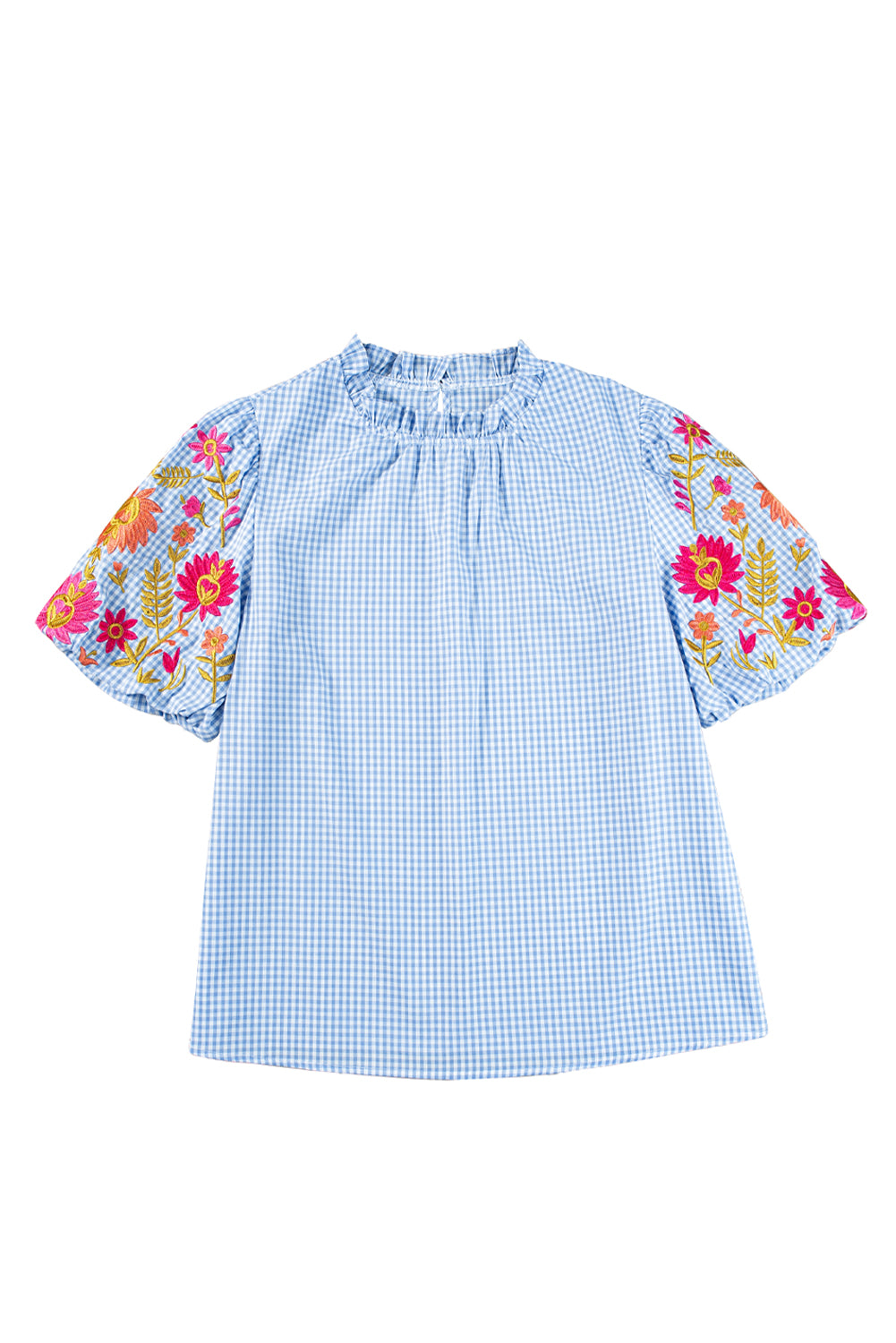 Light Blue Flower Embroidered Puff Sleeve Gingham Blouse