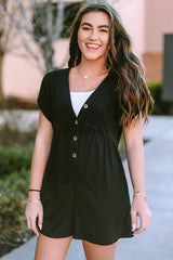 Black V Neck Buttons Loose Cuffed Short Sleeve Romper