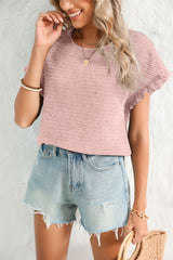 Light Pink Solid Textured Frill Cuffs Short Sleeve Blouse