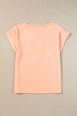 Apricot Pink Solid Color Button Decor Batwing Sleeve Tee