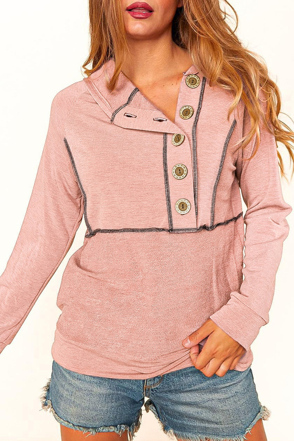 Pink Solid Color Exposed Seam Henley Pullover Hoodie
