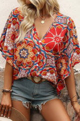 Red Floral Print V Neck Button Decor Batwing Blouse