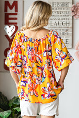 Yellow Floral Print Boho Half Sleeve Bishop Sleeve Blouse