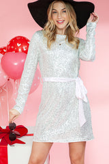 Silvery Sequin Long Sleeve Tie Waist Mini Dress