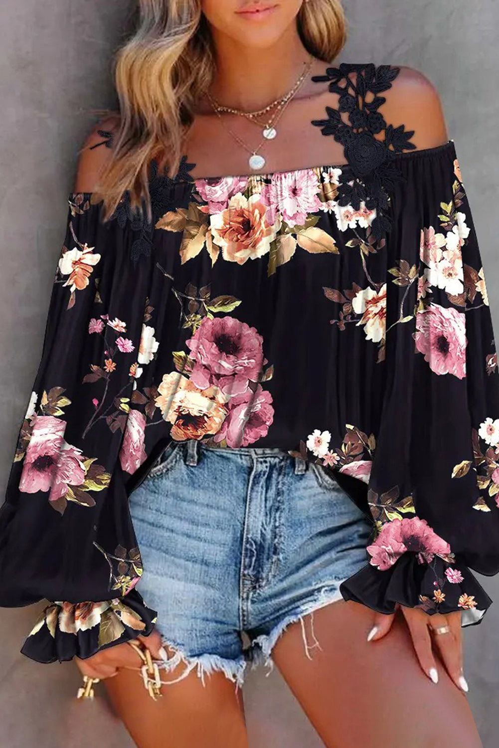 Black Floral Print Lace Loose Off Shoulder Blouse