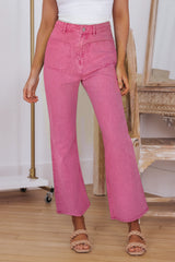 Pink Raw Hem Light Wash Flare Mid Rise Pants