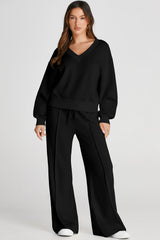 Black V Neck Cropped Sweatshirt & Seamed High Waist Pants Set