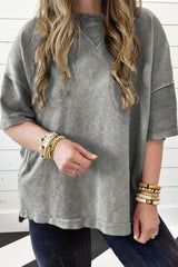 Light Grey Mineral Wash Drop Sleeve Patchwork Plus Size Tee