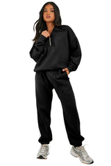 Black Plain Half Zip V Neck Top & Ribbed Edge Loose Pants Sets