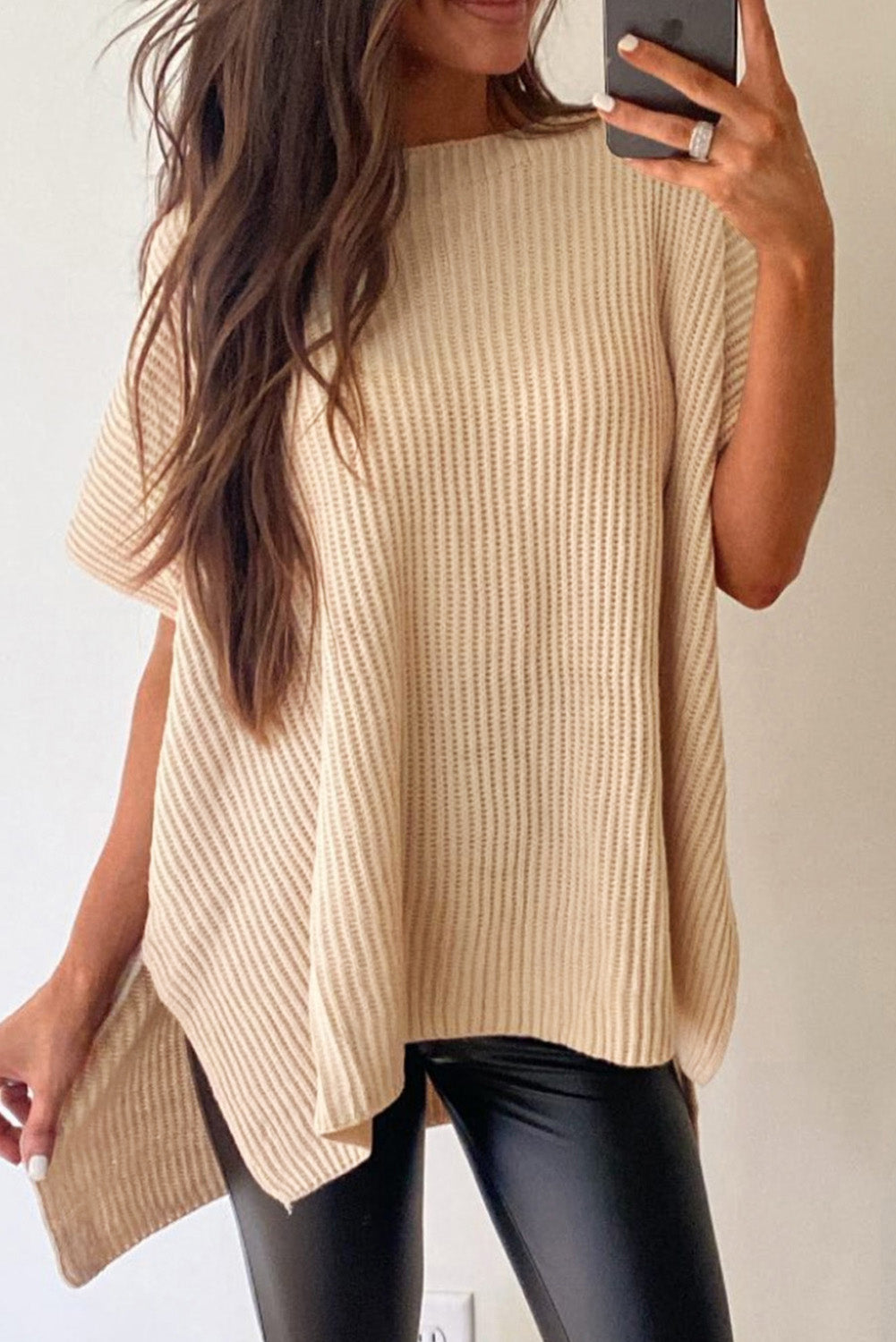 Wholesale Apricot Side Slit Short Sleeve Oversized Sweater