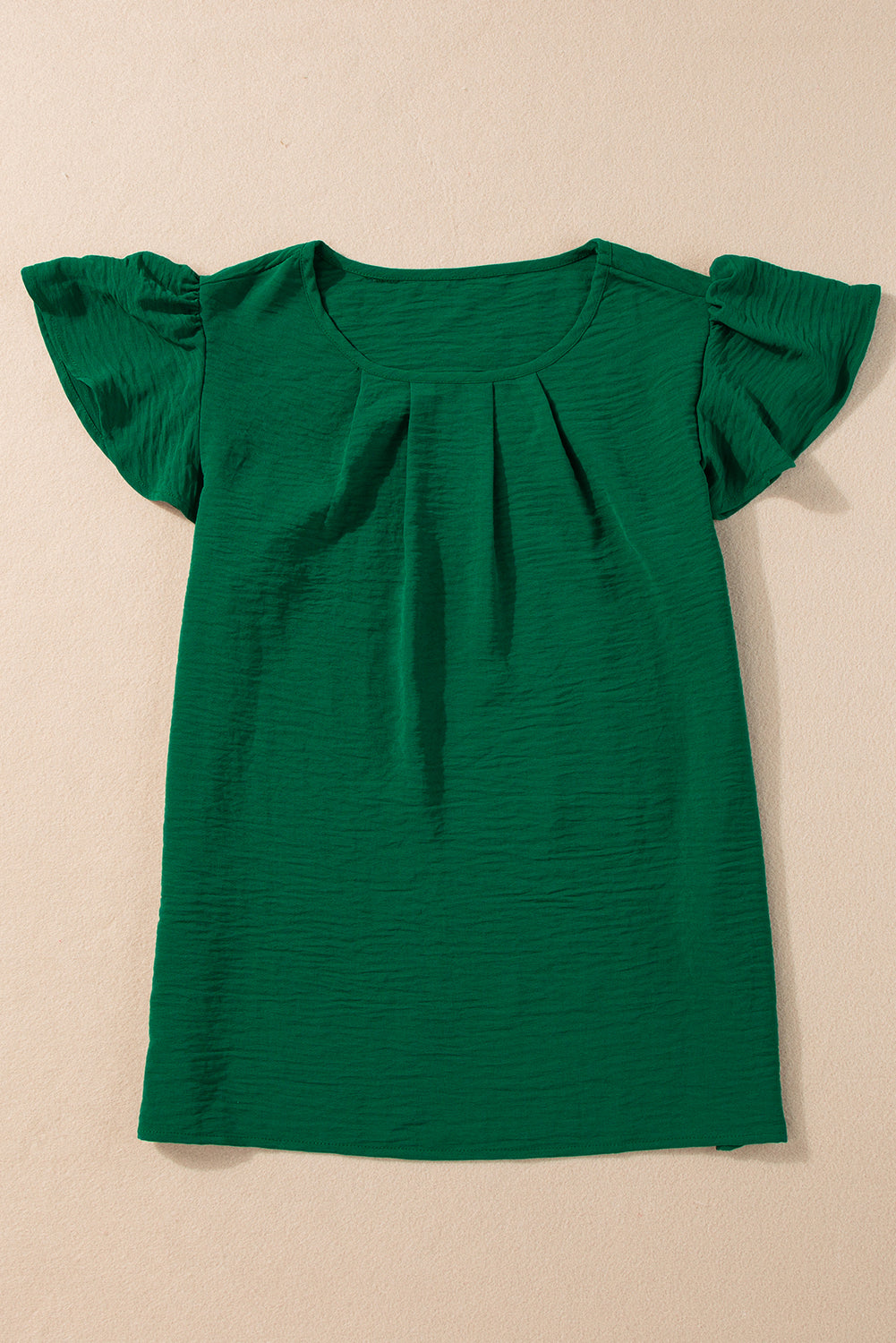 Dark Green Plain Textured Pleated Ruffle Sleeve Blouse