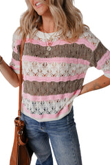 Brown Stripe Color Block Hollow Crochet Sweater