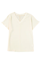 Apricot Solid Color Crinkled V Neck T Shirt