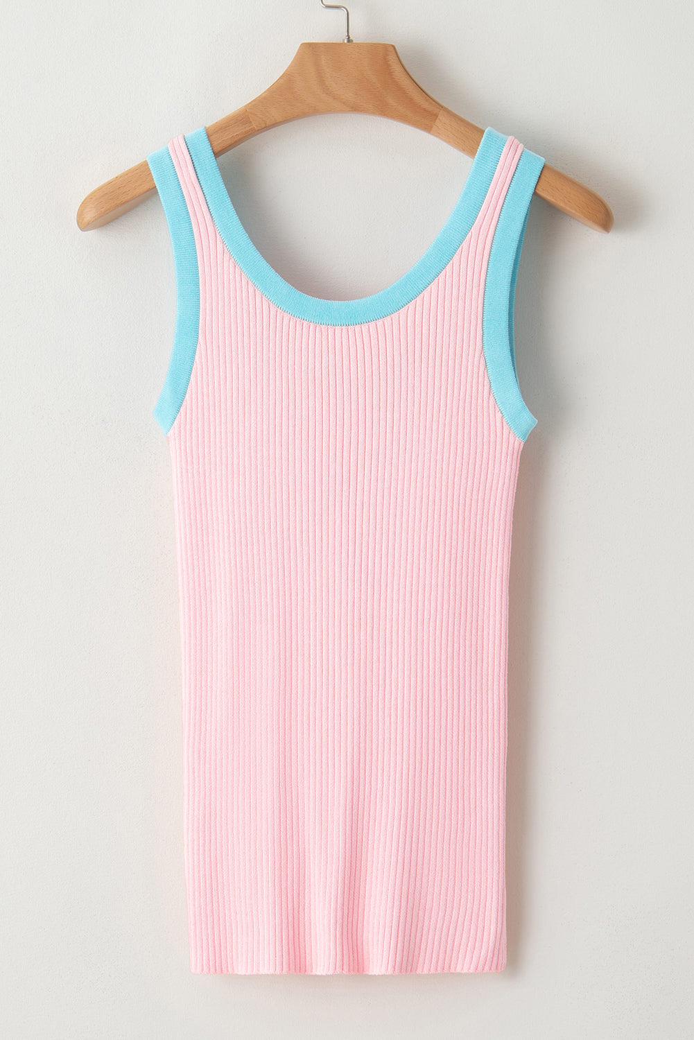 Pink Contrast Trim U Neck Ribbed Knit Tank Top