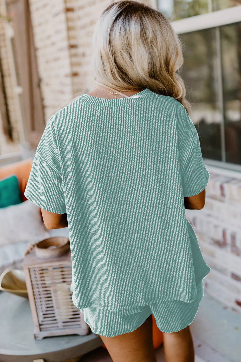 Iceland Blue Ribbed Textured Loose Fit Tee & Shorts Set