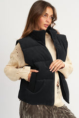 Black Solid Color Corduroy Puffer Vest Coat