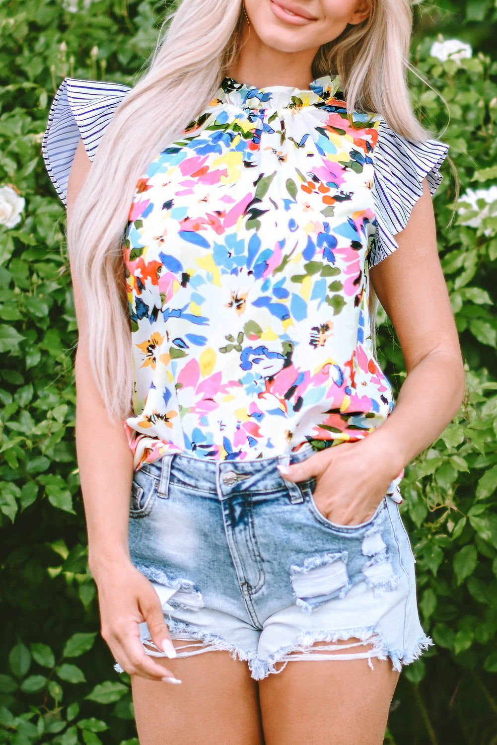 Light Blue Floral Print Frill Neck Striped Ruffle Blouse