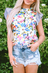 Light Blue Floral Print Frill Neck Striped Ruffle Blouse