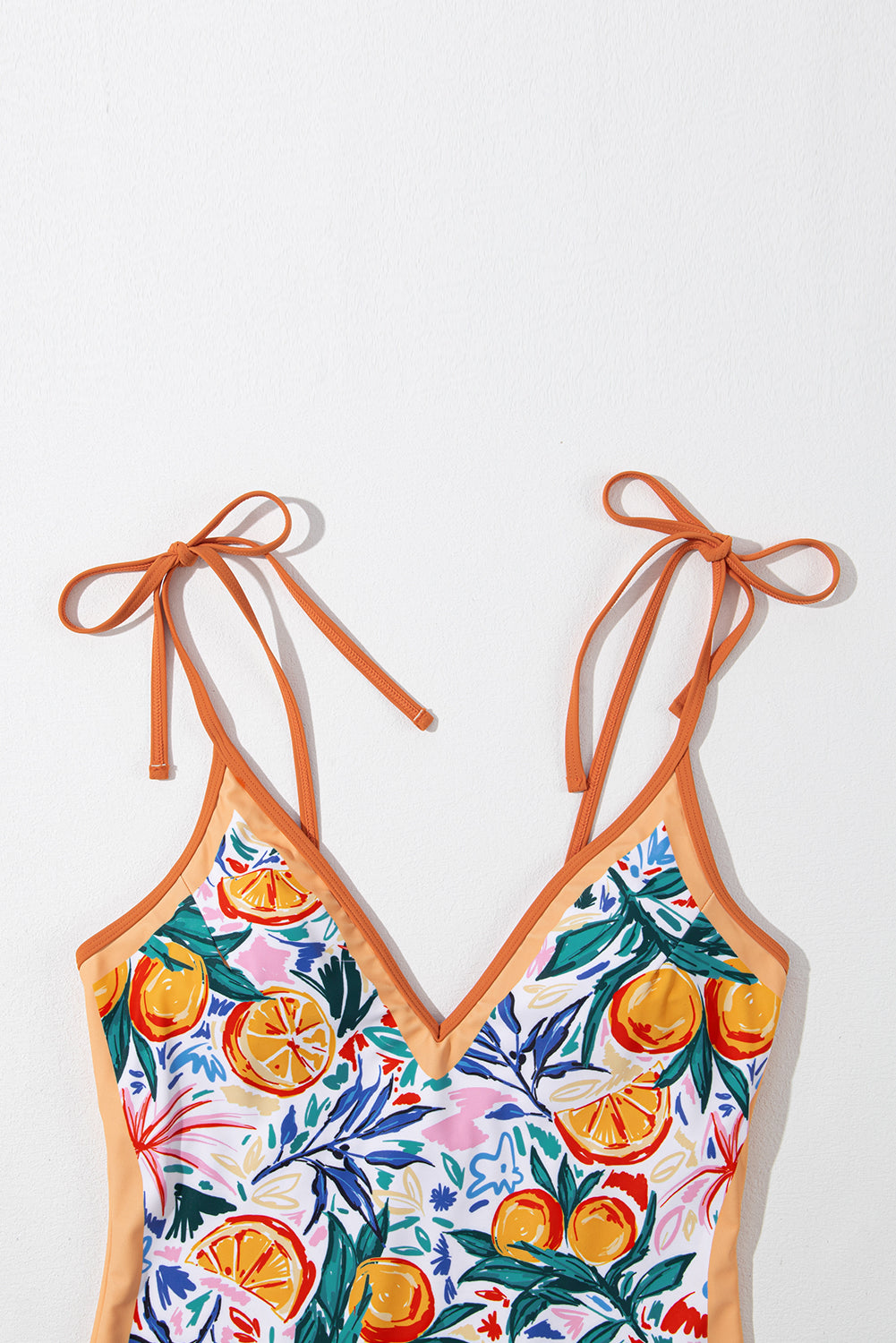 Orange Fruit Plant Print Tie Straps V Neck One Piece Swimsuit