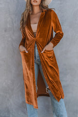 Brown Casual Velvet Lapel Pocket Long Coat