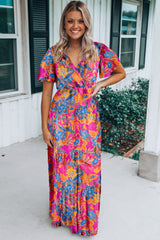 Rose Boho Abstract Print V Neck Short Sleeve Maxi Wrap Dress