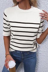 White Stripe Button Decor Half Sleeve Knitted Tee