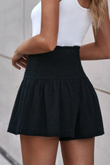 Black Basic Smocked High Waist Ruffle Shorts