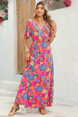 Rose Boho Abstract Print V Neck Short Sleeve Maxi Wrap Dress