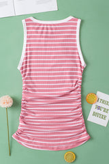 Pink Stripe Contrast Trim Sleeveless Ribbed Slim Top