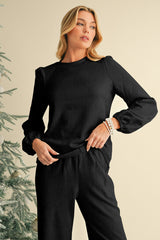 Black Textured Puff Sleeve Top and Pants Set