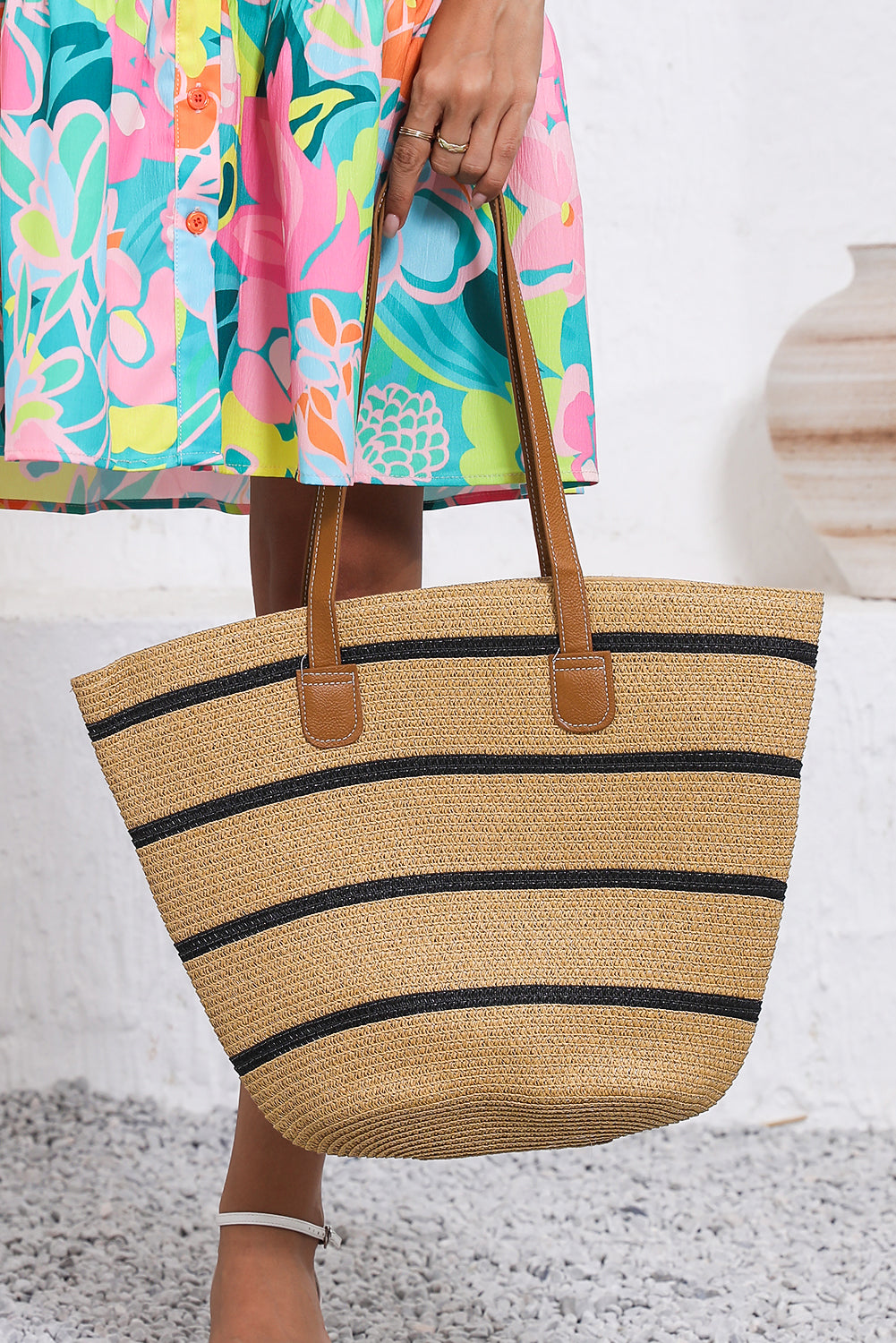 Black Vacation Straw Woven Striped One Shoulder Bag