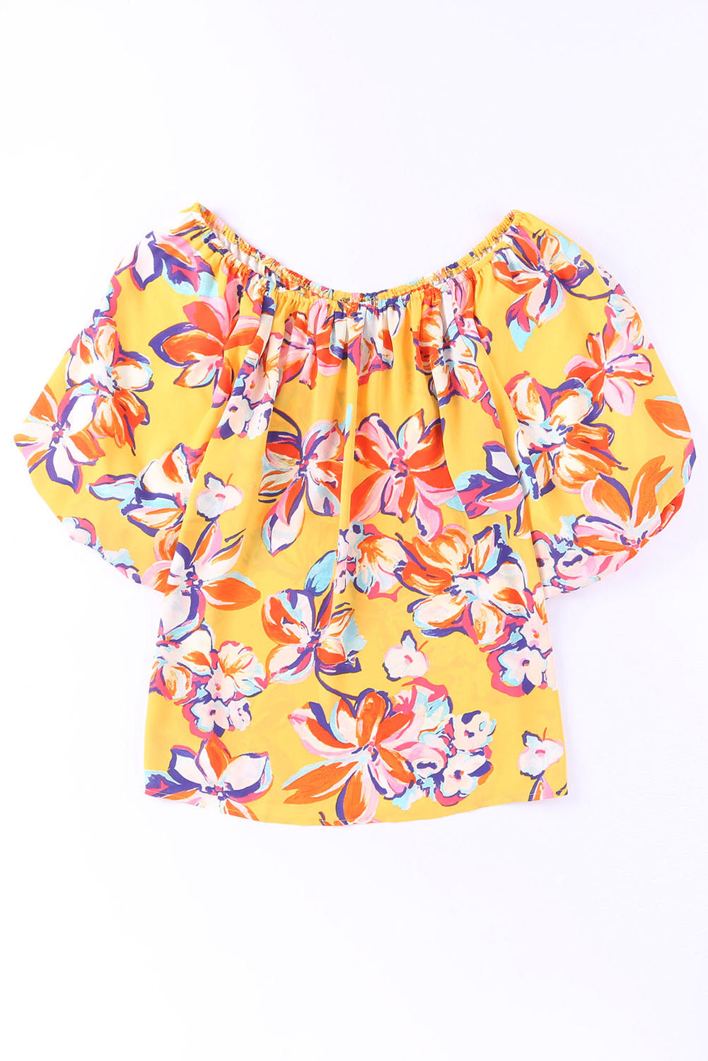 Yellow Floral Print Boho Half Sleeve Bishop Sleeve Blouse