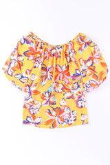 Yellow Floral Print Boho Half Sleeve Bishop Sleeve Blouse