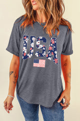 Gray Floral USA Flag Graphic Roll Up Sleeve Tee