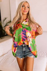 Pink Floral Print V Neck Oversized Short Sleeve Blouse