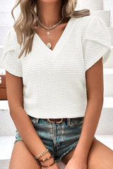 White Tulip Sleeve Waffle Knit V Neck T-Shirt