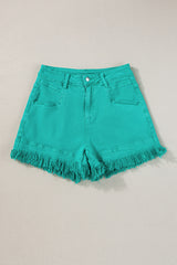 Turquoise Raw Hem Mid Rise Denim Shorts