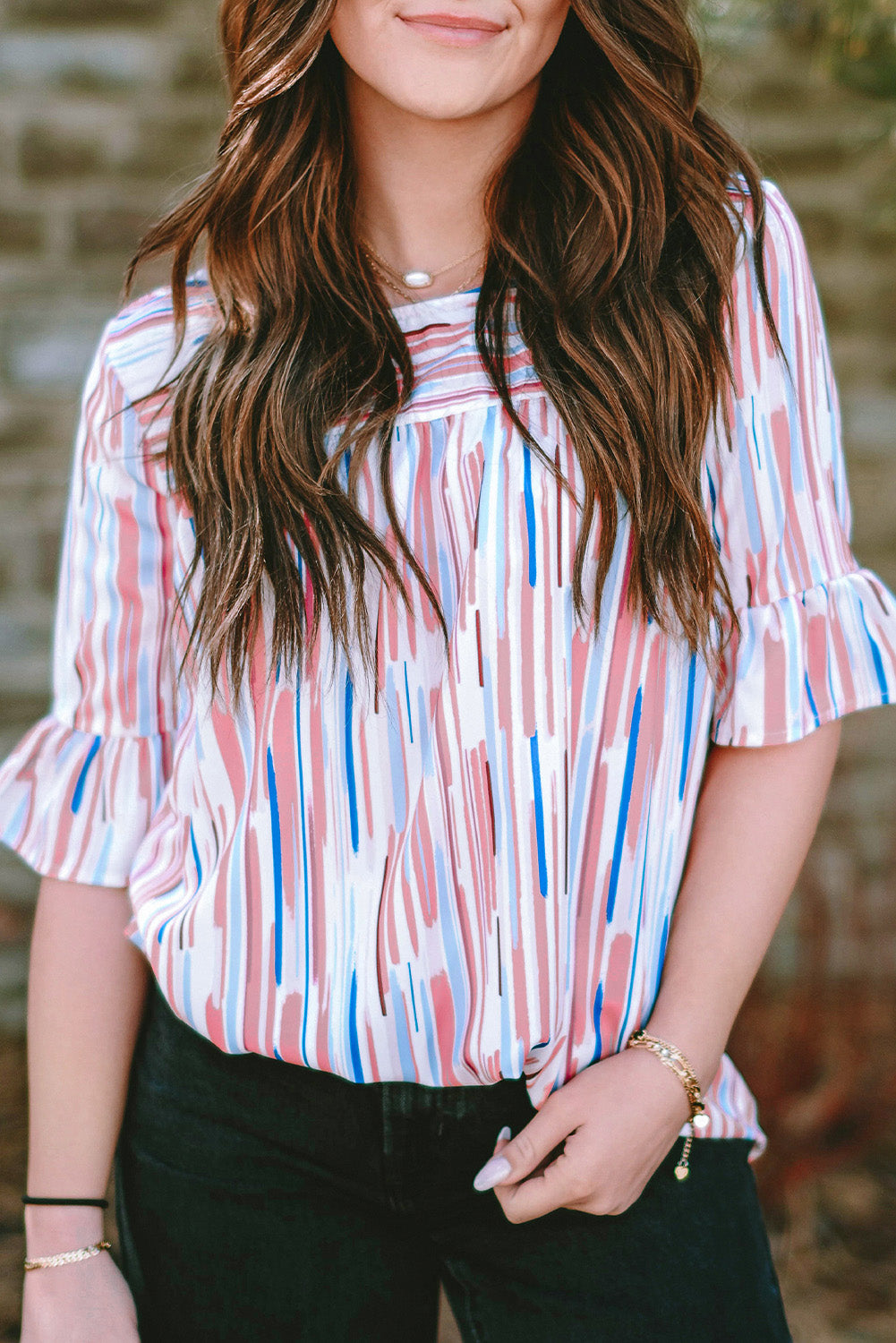 White Abstract Print Ruffle Half Sleeve Blouse