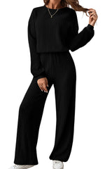 Black Solid Ribbed Knit Keyhole Back High Waist Jumpsuit