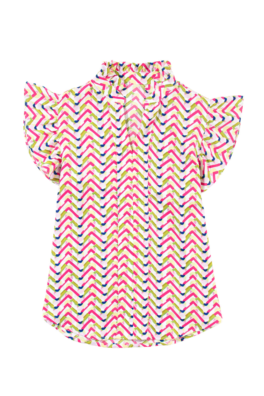 Multicolor Chevron Print Frill V Neck Ruffle Blouse