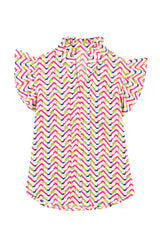 Multicolor Chevron Print Frill V Neck Ruffle Blouse