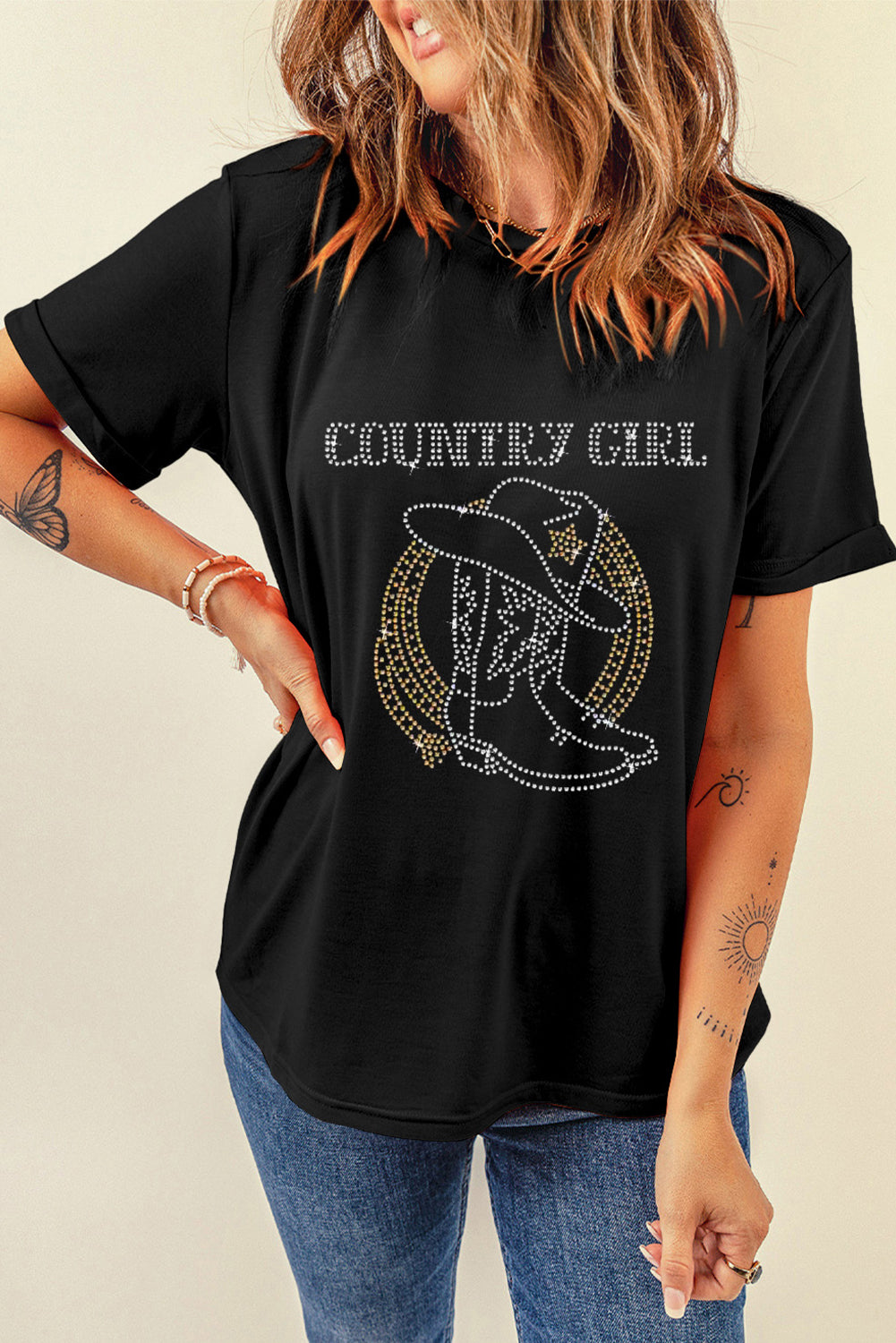 Black Rhinestone COUNTRY GIRL Boots Graphic T Shirt