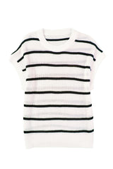 White Striped Pattern Batwing Short Sleeve Knit Sweater