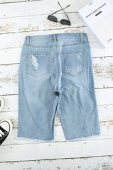 Light Blue Distressed Ripped Denim Bermuda Shorts