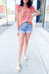 Orange Abstract Print V Neck Ruffled Sleeve Blouse