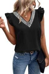 Black Sequin Splicing V Neck Flutter Sleeve Blouse