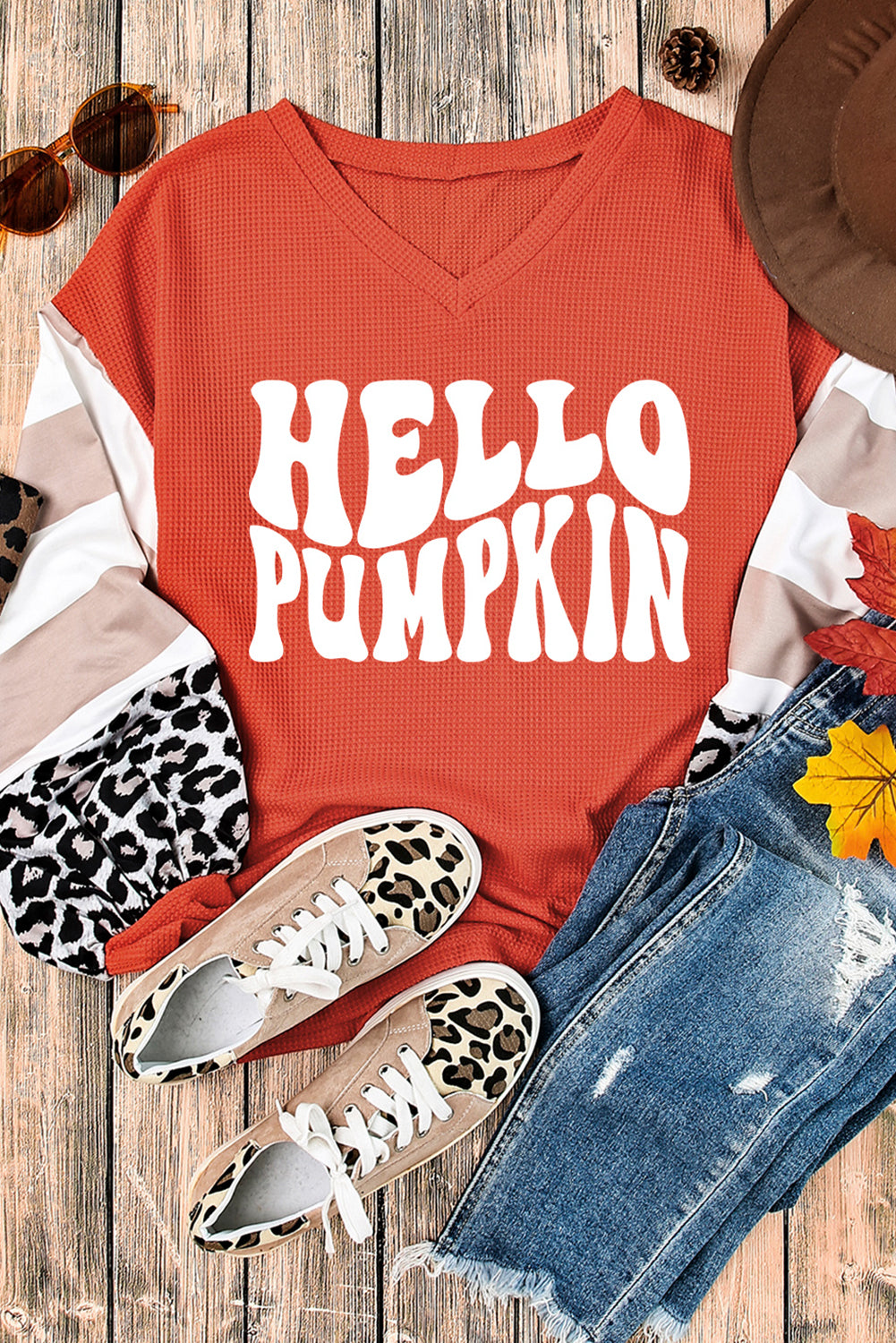 Red Hello Pumpkin Graphic Leopard Striped Colorblock Sleeve Sweatshirt